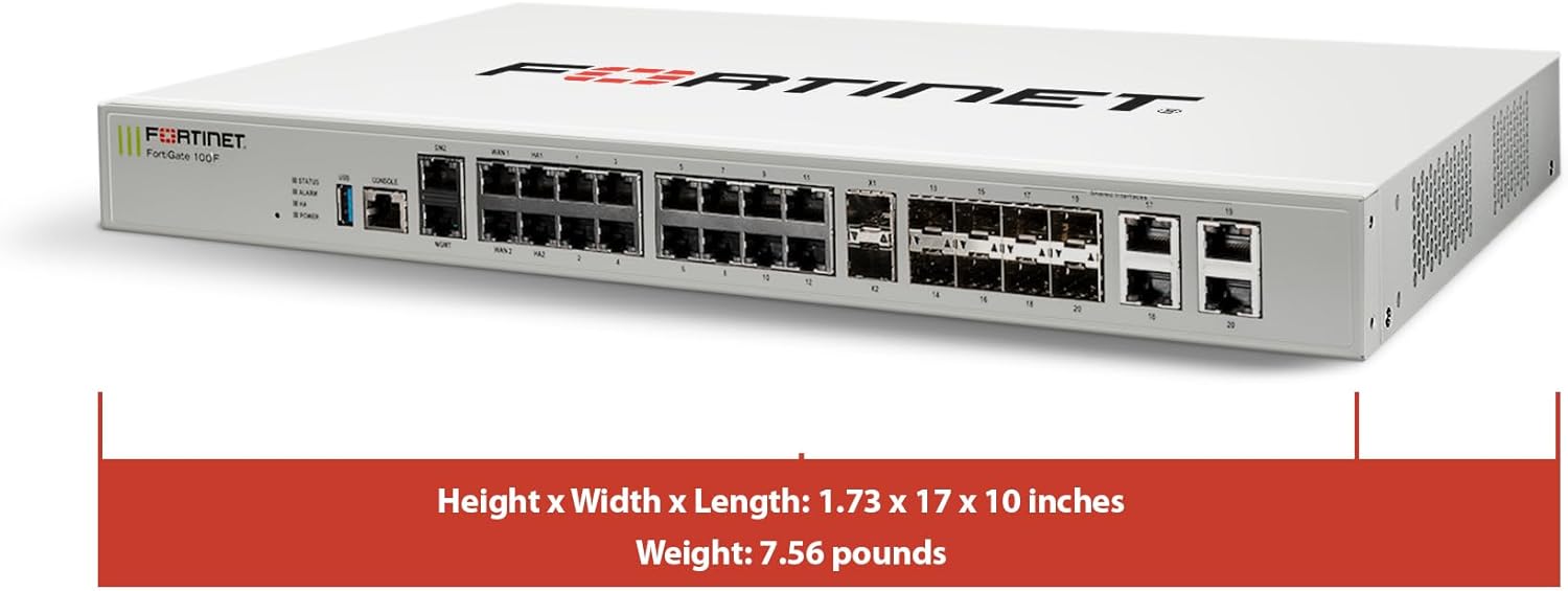 FortiGate-100F Firewall Appliance - 22 Gigabit Ethernet RJ45 Ports, 4 SFP & 2 10G SFP+ Ports, Dual Power Supplies