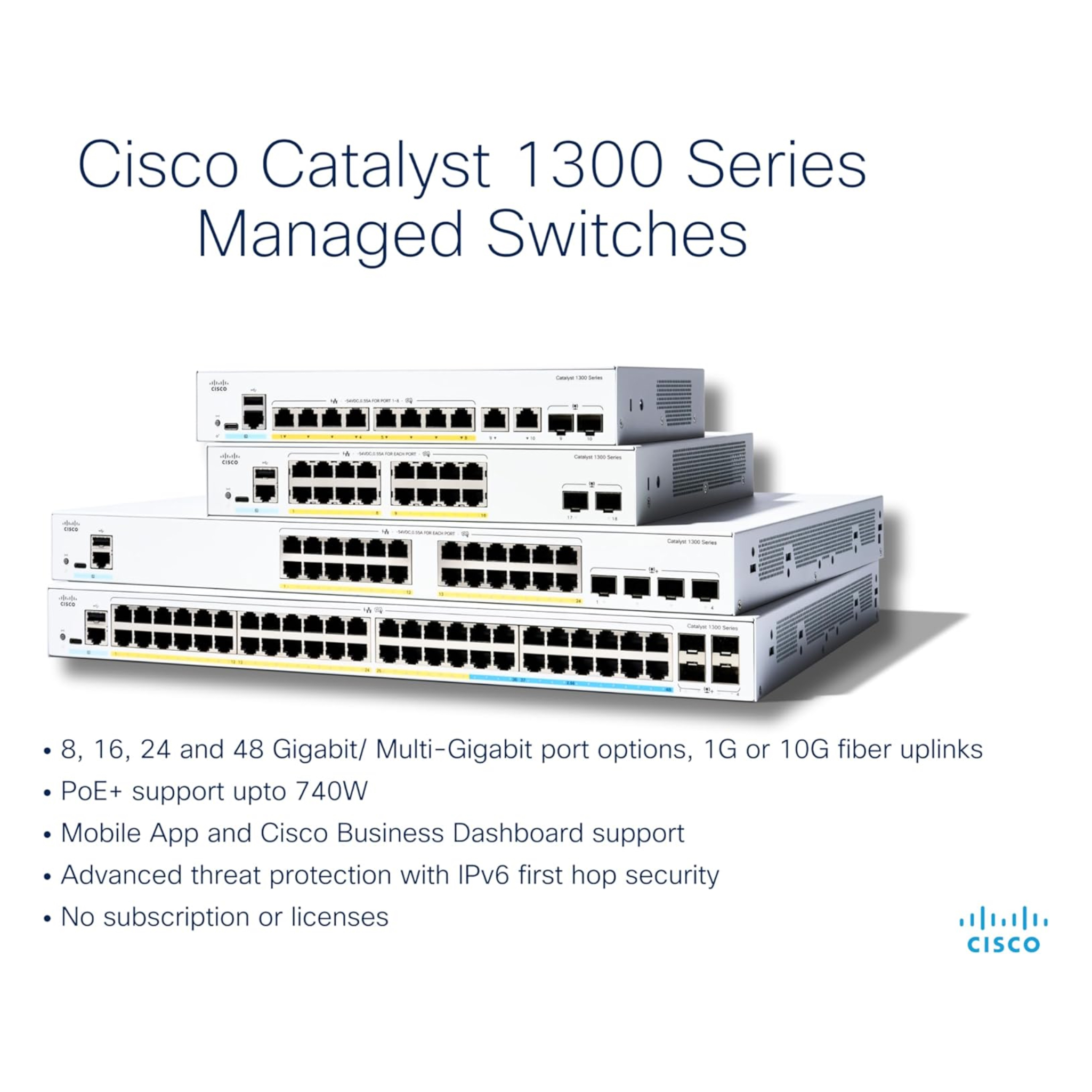 Cisco Catalyst 1300-24MGP-4X Managed Switch, 16 Port GE, 8 Port 2.5GE, PoE, 4x10GE SFP+, Limited Lifetime Protection