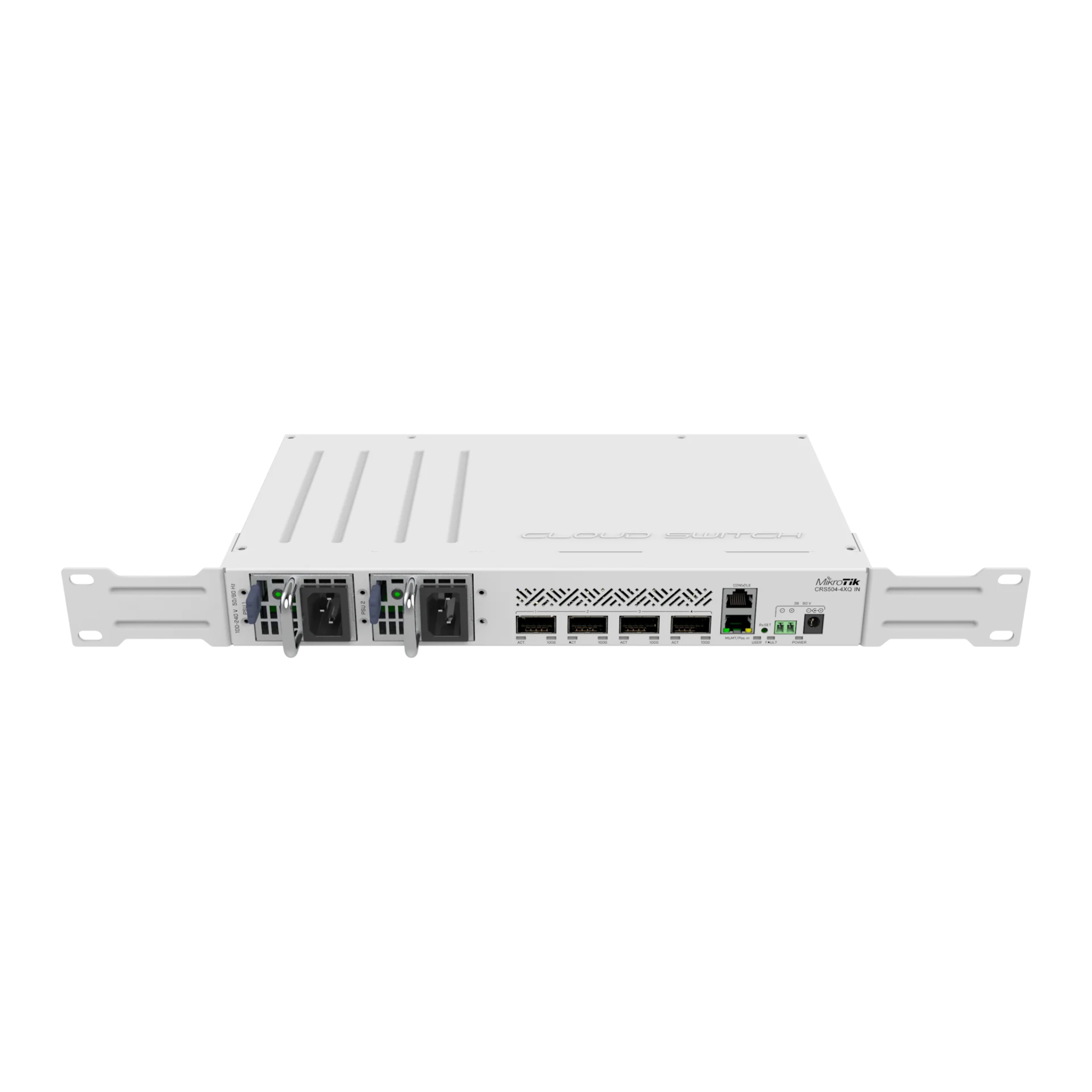 MikroTik CRS504-4XQ-IN 4-Port 100G QSFP28 Managed Switch – 100 Gigabit Ethernet, 16x 25G via Breakout Cables, 1U Rackmount, Dual Power Supplies