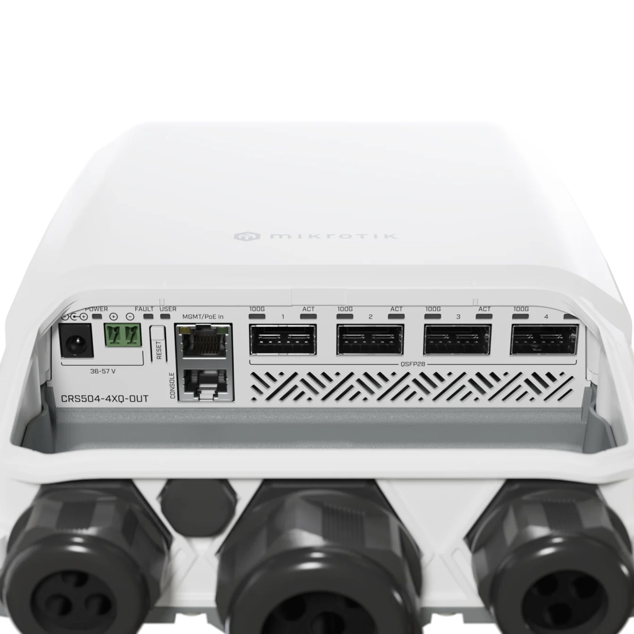 MikroTik CRS504-4XQ-OUT 4-Port 100G QSFP28 Outdoor Switch, IP66 Weatherproof, PoE-in, 25G Breakout Support