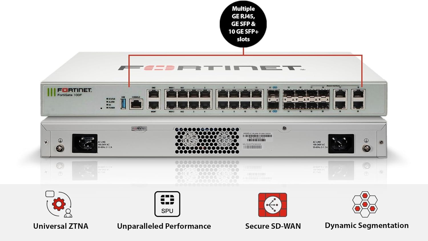 FortiGate-100F Firewall Appliance - 22 Gigabit Ethernet RJ45 Ports, 4 SFP & 2 10G SFP+ Ports, Dual Power Supplies