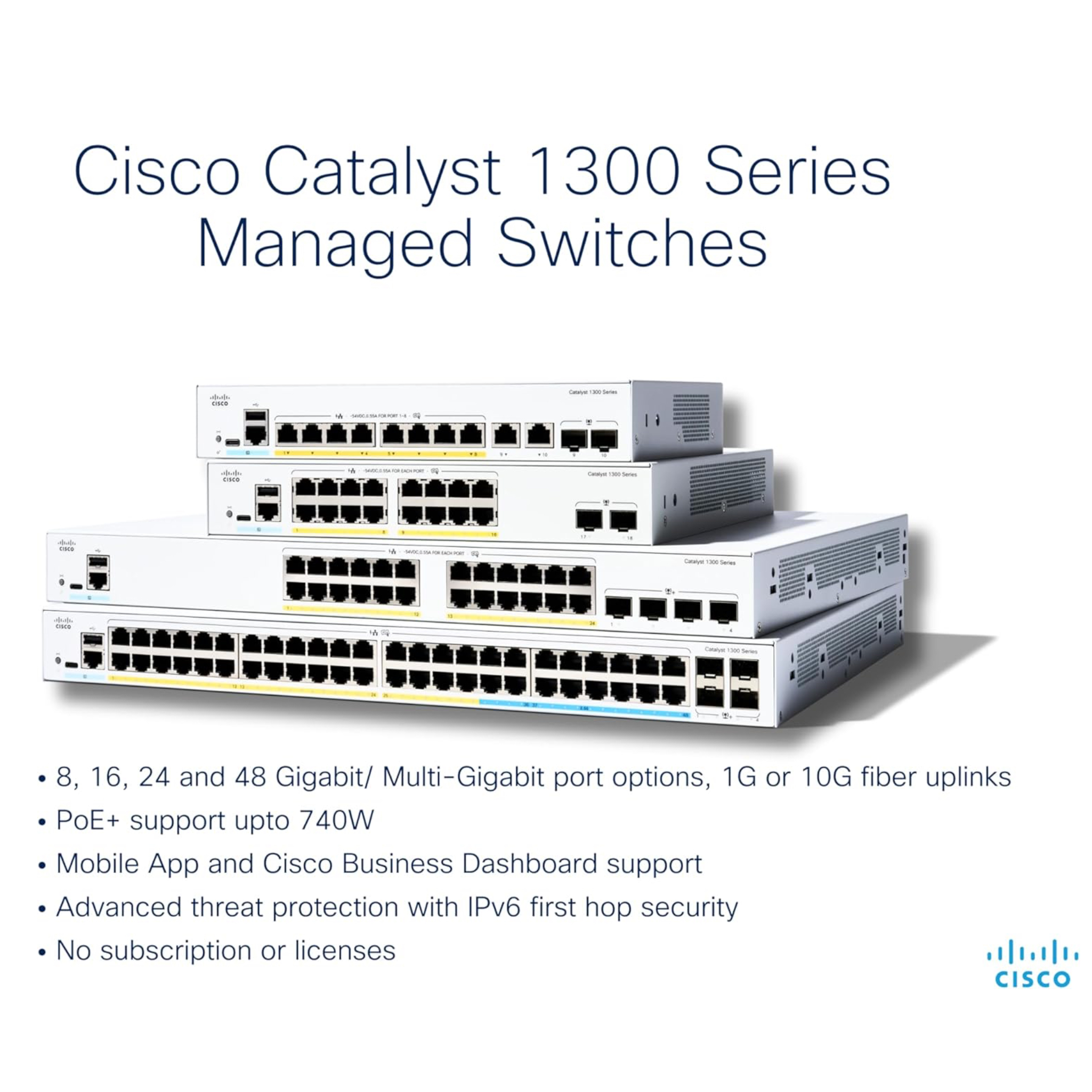 C1300-24P-4X, Cisco C1300 Switch, 24x PoE+ 195W/4x 10G SFP+/Rack-mountable