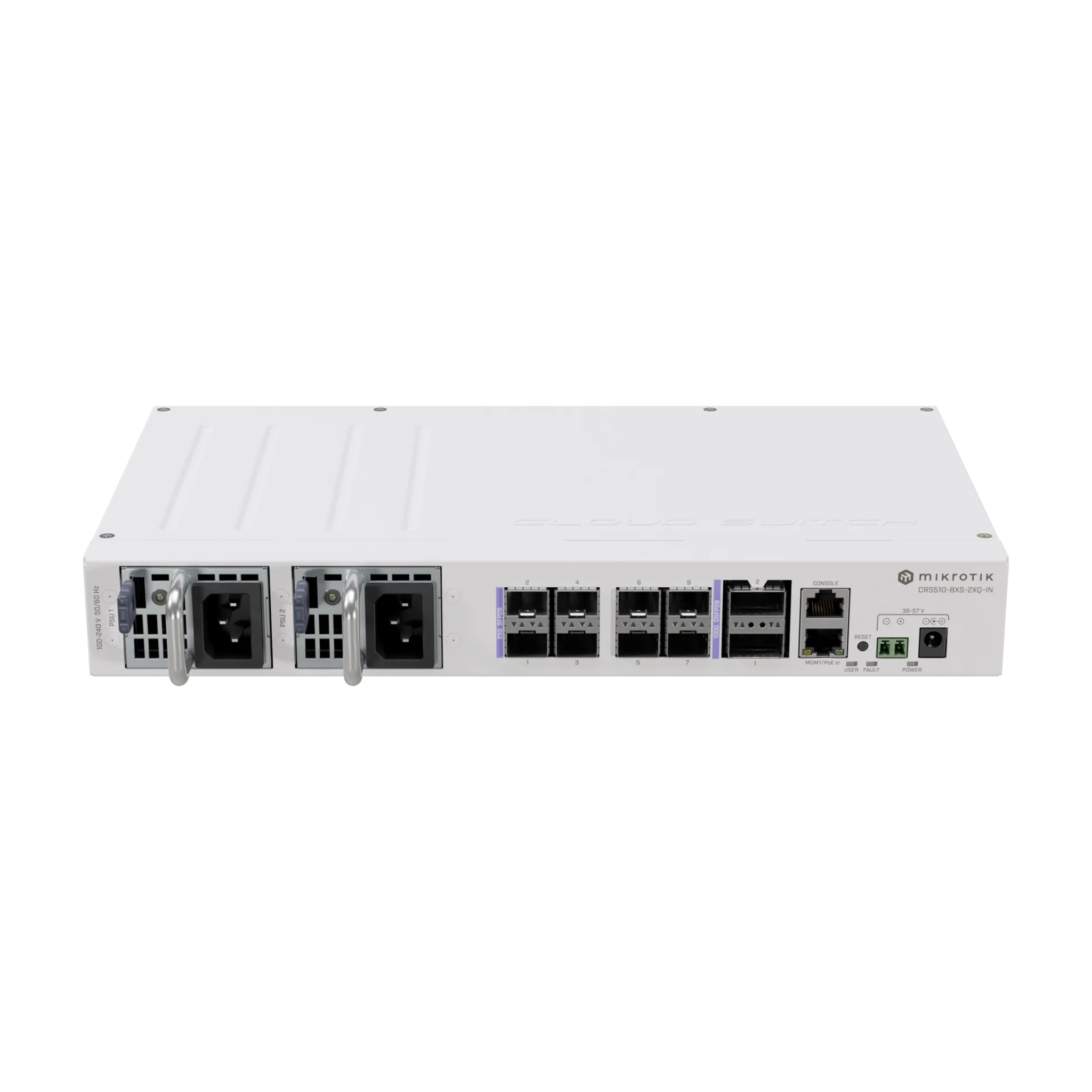 MikroTik CRS510-8XS-2XQ-IN 10-Port 100G/25G Switch – 2x QSFP28, 8x SFP28, Dual Redundant Power Supplies, RouterOS v7