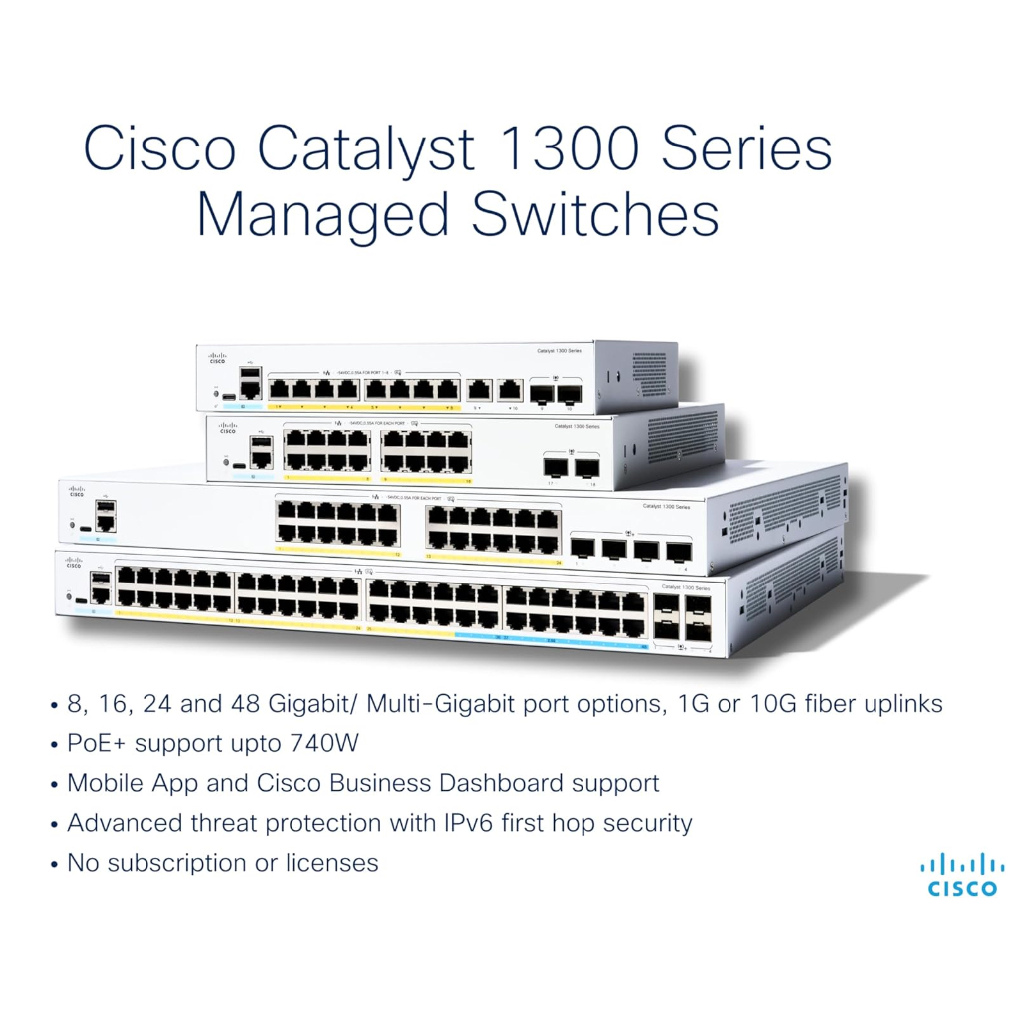 Cisco Catalyst 1300-24XT Managed Switch, 20 Port 10G Copper, 4x10GE SFP+ Combo, Limited Lifetime Protection