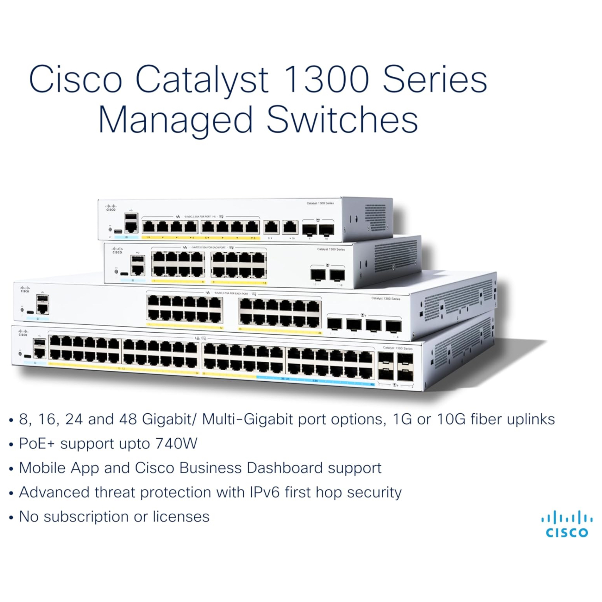 C1300-48T-4X, Cisco Catalyst 1300 Switch, 48x GE RJ45, 4x 10GE SFP+, Rackmount