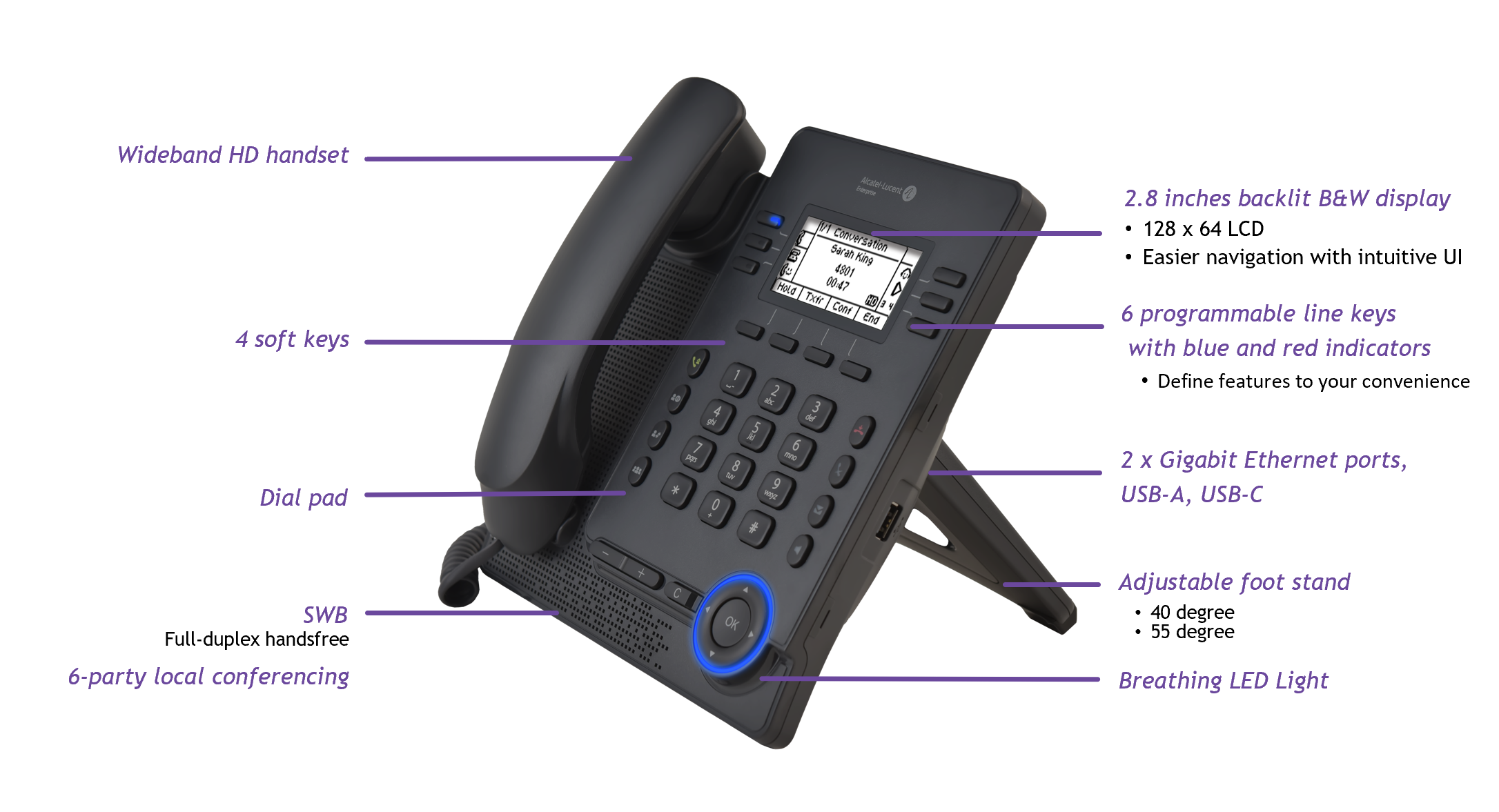 Alcatel-Lucent M3s SIP DeskPhone IP Telephone HD Voice PoE Support LCD Display Office Enterprise Dsek Phone