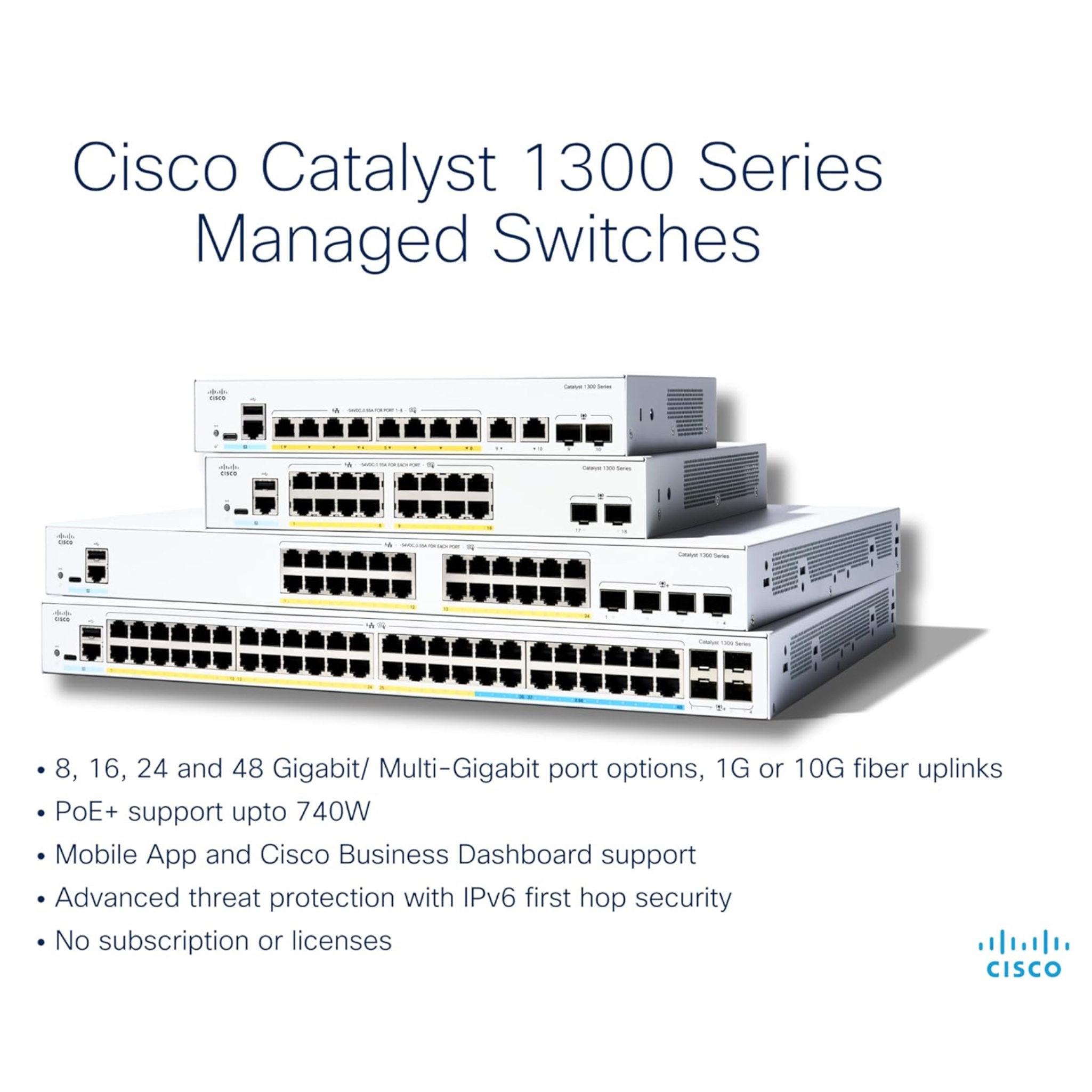 Catalyst C1300-48MGP-4X 16-port 2.5GE, 32-port GE, ( PoE Power Budget 740 Watt), 4x10G SFP+ 1xFan, Rack-mountable