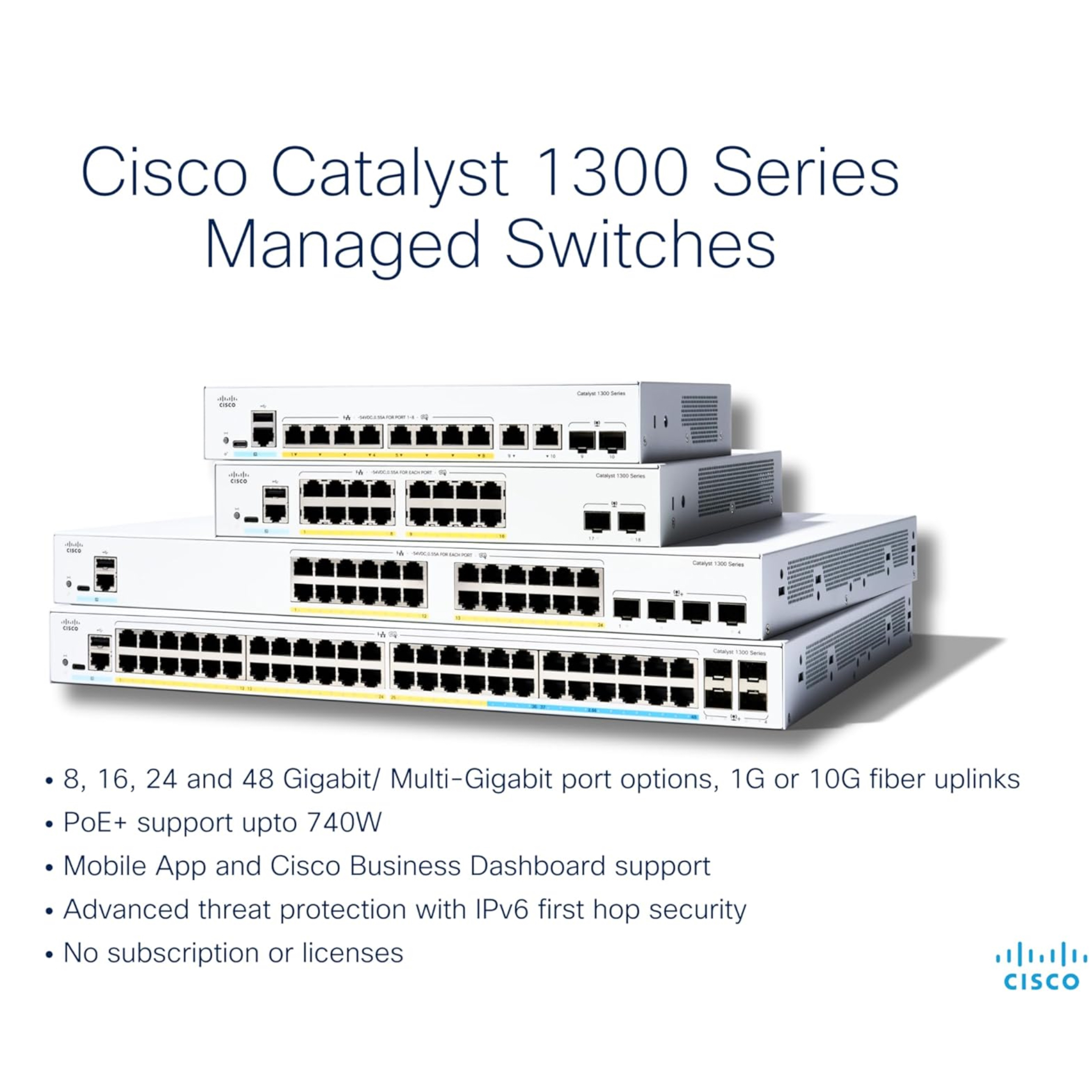 Cisco Catalyst 1300-8MGP-2X Managed Switch, 4 Port GE, 4 Port 2.5GE, PoE, 2x10GE SFP+, Limited Lifetime Protection