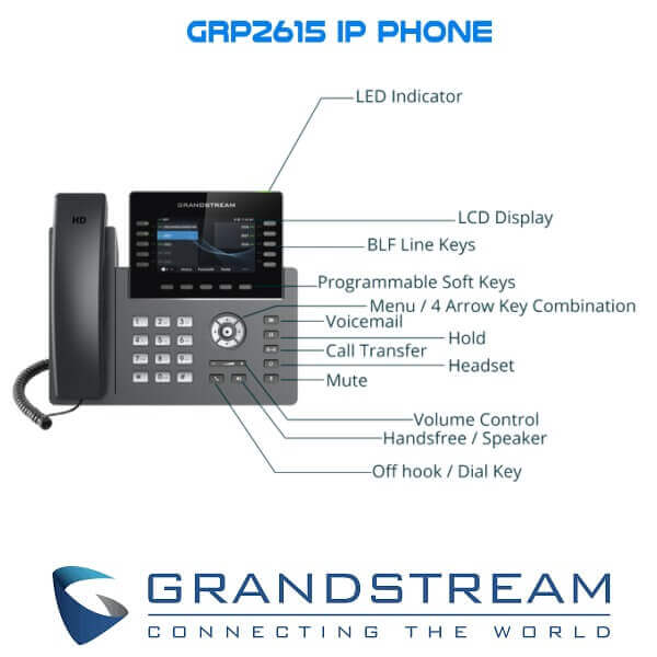Grandstream GRP2615 4 Lines 2.4 Color LCD PoE+AC Power 6 BLF Keys HD Voice for Office/Hotel VoIP System IP Phone 