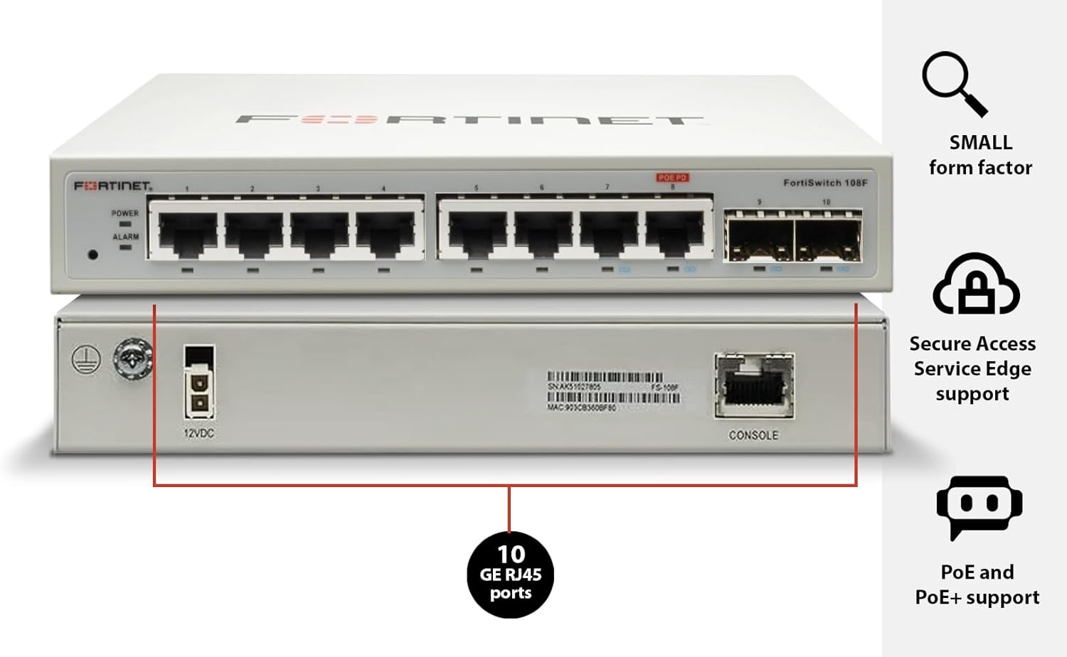 Fortinet FortiSwitch - 108F L2 Switch - 8 GE RJ45, 2 GE SFP, Fanless (FS-108F)