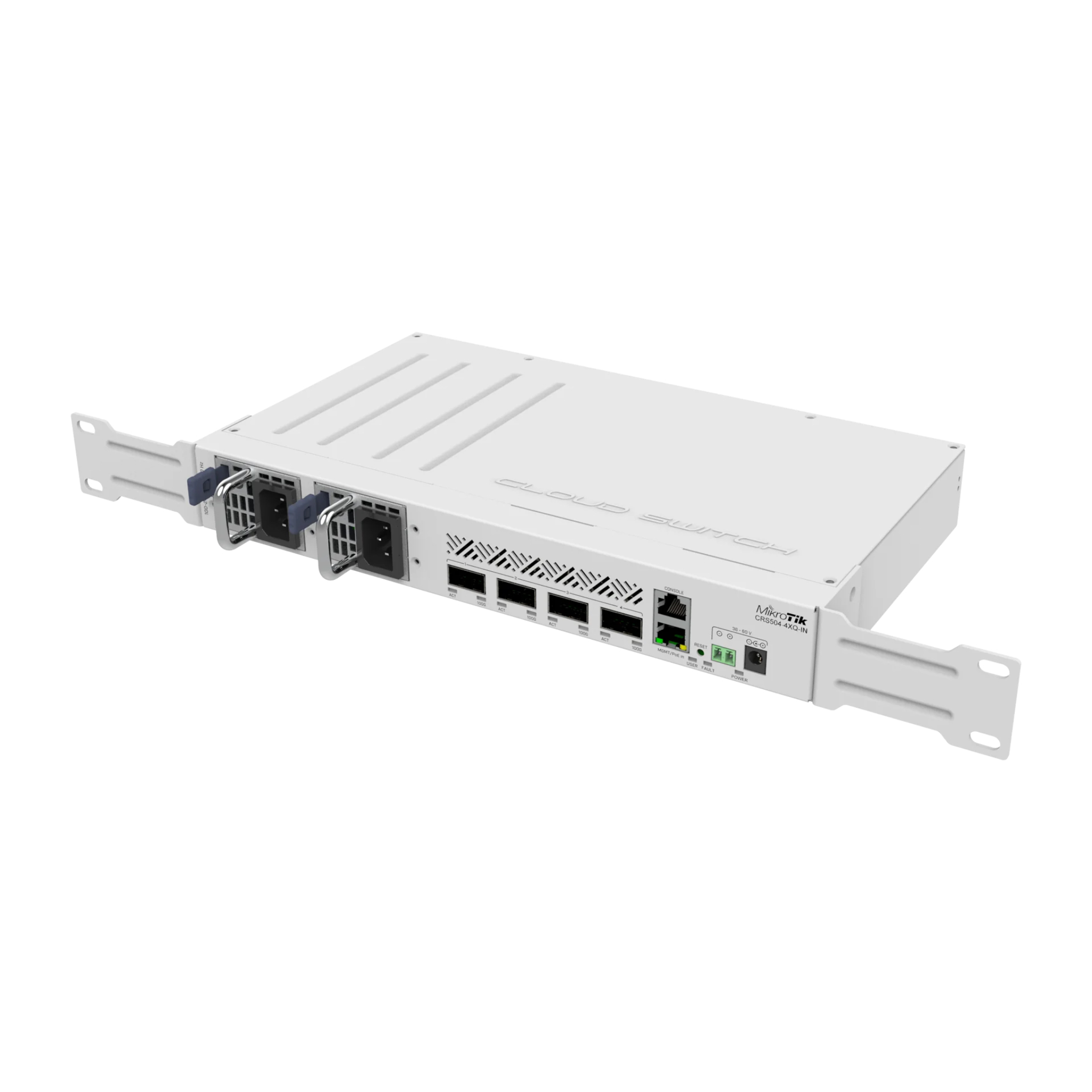MikroTik CRS504-4XQ-IN 4-Port 100G QSFP28 Managed Switch – 100 Gigabit Ethernet, 16x 25G via Breakout Cables, 1U Rackmount, Dual Power Supplies